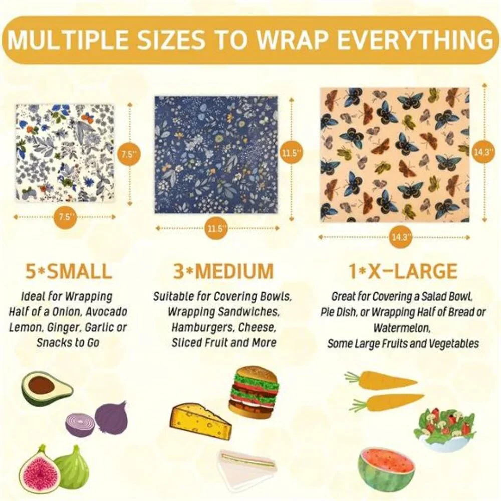 Reusable Beeswax Wrap - 9 Pack Beeswax Wraps for Food, Eco-Friendly Beeswax